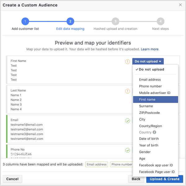 Indikátory souborů zákazníků na Facebooku