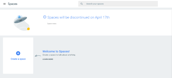 Google plánuje 17. dubna 2017 ukončit svůj nástroj pro skupinové zasílání zpráv, Spaces.