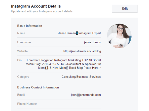 Některé podrobnosti účtu Instagram můžete upravit z nastavení stránky na Facebooku.