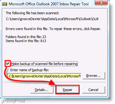 Screenshot - Outlook 2007 ScanPST Repair Menu