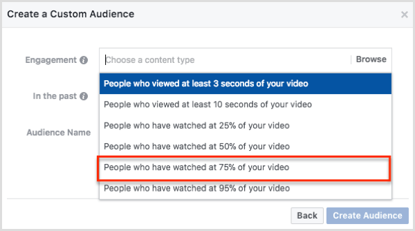V dialogovém okně Vytvořit vlastní publikum vyberte lidi, kteří sledovali 75% vašeho videa.