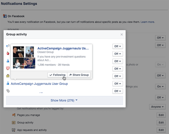 konfigurace nastavení skupiny zpráv na facebooku na ploše