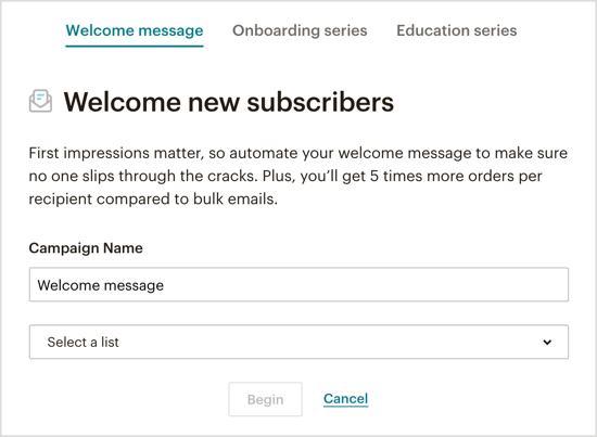 Vyberte, jaký typ automatizovaného uvítacího e-mailu chcete odeslat prostřednictvím robota Messenger. 