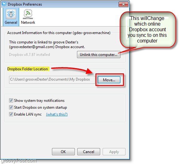 Snímek Dropbox - změnit výchozí umístění Dropbox nebo změnit / odebrat účty Dropbox