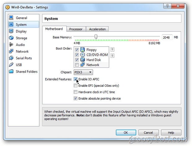 Nastavení konfigurace základní desky systému VirtualBox umožňuje io apic Windows 8