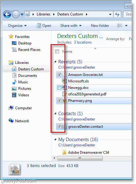 Postup výběru souborů a složek v systému Windows 7 pomocí zaškrtávacích políček