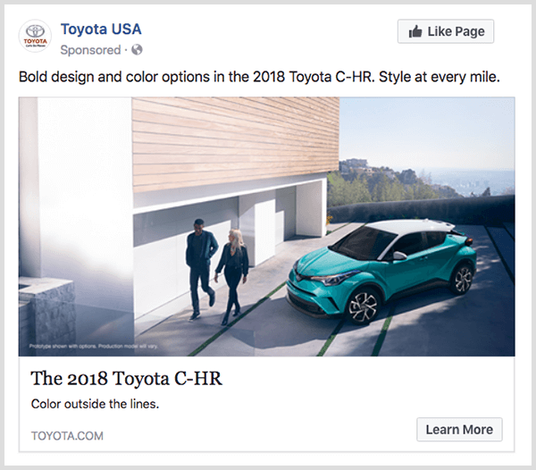 Facebooková reklama od společnosti Toyota obsahuje tyrkysovou Toyota C-HR a má tlačítko Další informace.