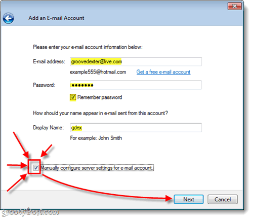 ručně nakonfigurujte svou hotmail v živém e-mailu systému Windows