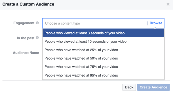 Vyberte kritéria zapojení pro vlastní publikum videa na Facebooku.
