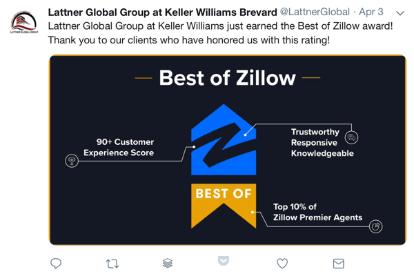 Jak využít sociální důkaz ve svém marketingu, příklad ocenění a sociální poděkování klientům od Lattner Global Group ve společnosti Keller Williams Brevard