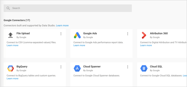 Importujte do Google Data Studio tři typy konektorů: Google Connectors, Partner Connectors a Open Source Connectors.