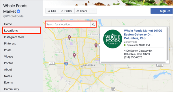 Kliknutím na kartu Umístění na stránce na Facebooku se zobrazí jednotlivá místa na mapě. 
