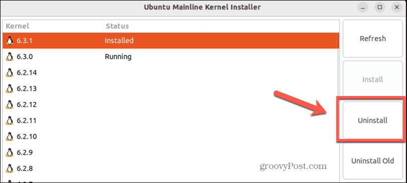 ubuntu odinstaluje jádro z hlavní řady