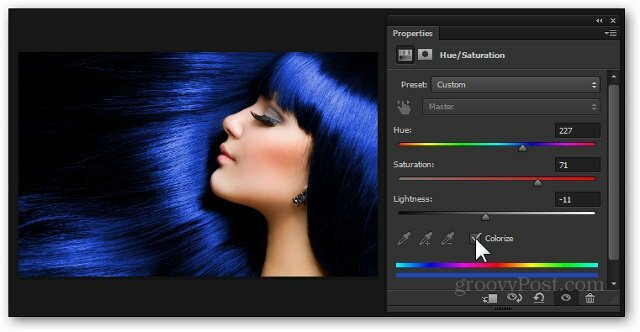 modrá barva vlasů photoshop úprava vrstva odstín saturace přidat efekt tutorial