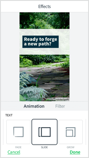 Vyberte možnost animace textu pomocí mobilní aplikace Adobe Spark Post.
