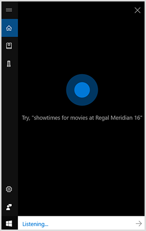 Cortana, konverzační rozhraní systému Windows, je černá svislá krabice s modrou tečkou uprostřed. Bílé pole dole znamená, že zařízení Windows poslouchá.
