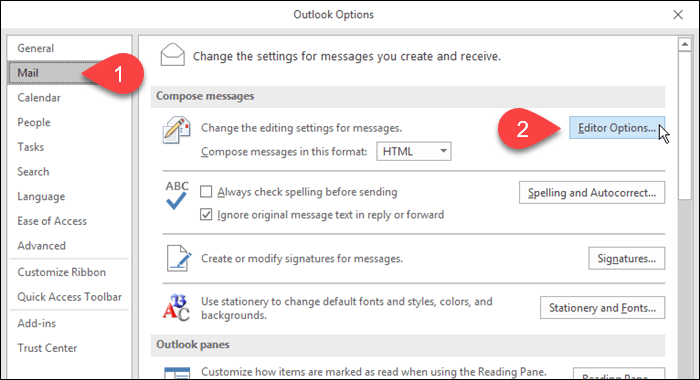 V aplikaci Outlook klikněte na položku Pošta a poté na Možnosti editoru