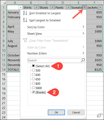 Filtrujte prázdné řádky v Excelu