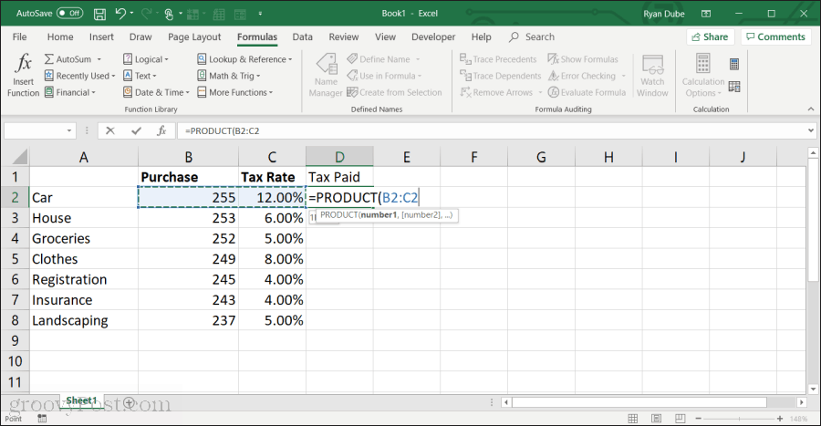 pomocí funkce produktu v Excelu