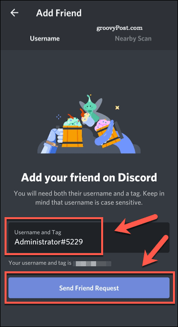 Přidání přítele v mobilní aplikaci Discord