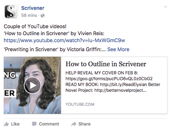 Scrivener na své stránce na Facebooku sdílí video z YouTube, které by se uživatelům mohlo líbit.