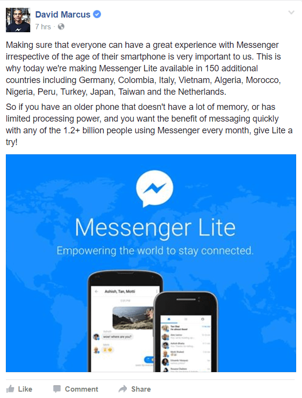 Facebook Messenger Lite je nyní k dispozici ve více zemích po celém světě.