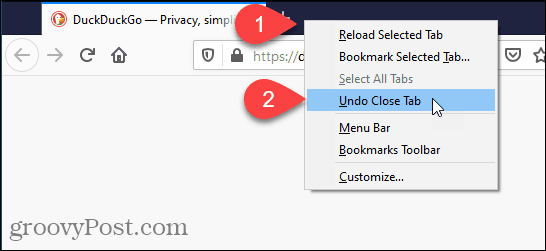 Vyberte Zpět zavřít kartu ve Firefoxu