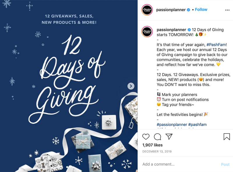 příklad soutěže prozrazené na instagramu za 12 dní rozdávání od @passionplanner s oznámením, že prozrazení začíná další den
