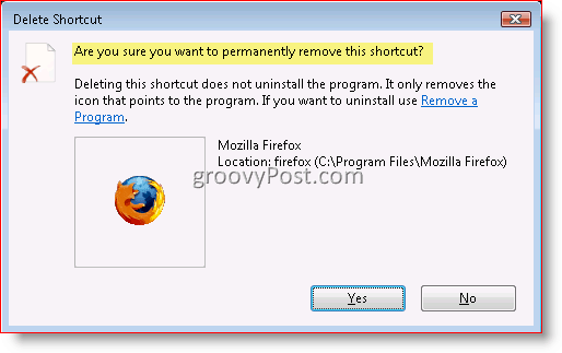 Dialogové okno Potvrdit odstranění postupu pro Windows 7, Vista a XP