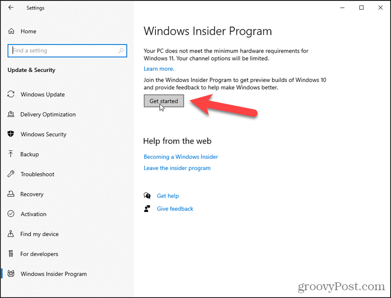 Klikněte na Začínáme u programu Windows Insider Program