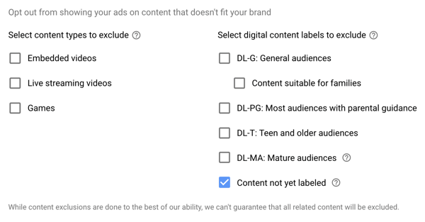 Jak nastavit reklamní kampaň na YouTube, krok 15, nastavit vyloučené typy a možnosti štítků