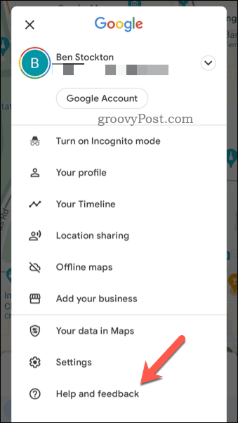 Otevřete nabídku zpětné vazby v Mapách Google