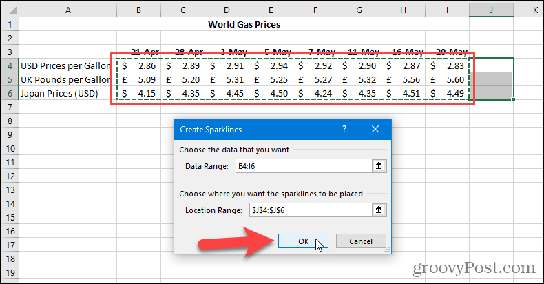 Dialog Vytvořit jiskry v aplikaci Excel