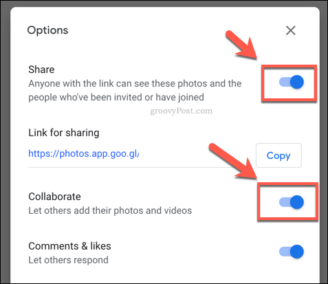 Možnosti sdílení alb ve Fotkách Google