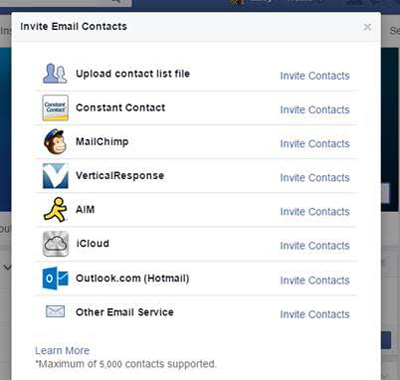 funkce importu e-mailových kontaktů na facebookovou stránku