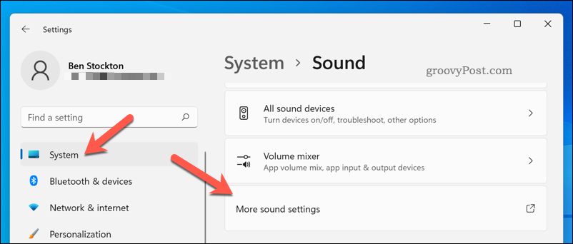 Otevření nabídky Další nastavení zvuku v systému Windows 11