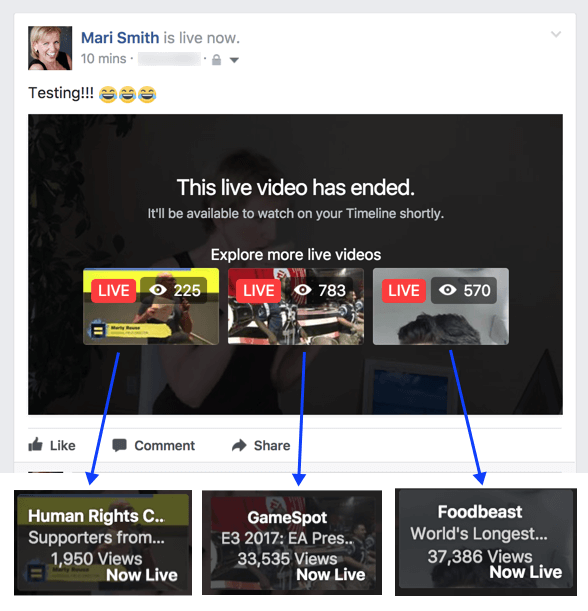 Zdá se, že Facebook experimentuje s novou funkcí, která navrhuje související živá videa po skončení vysílání.