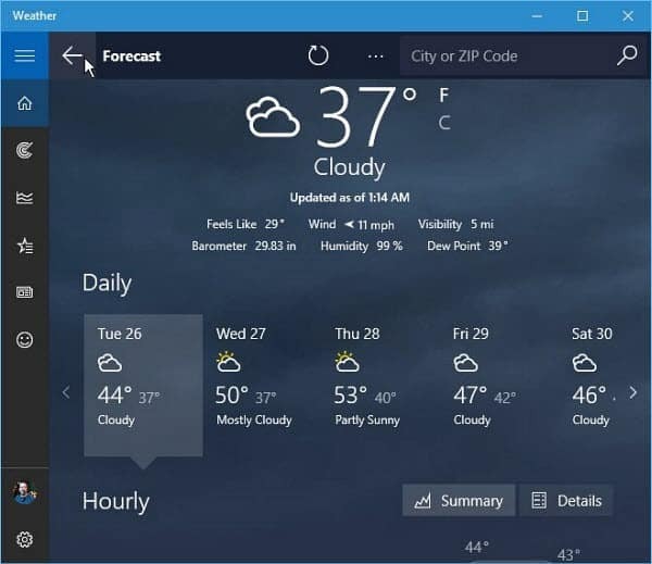 Předpověď počasí pro Windows 10