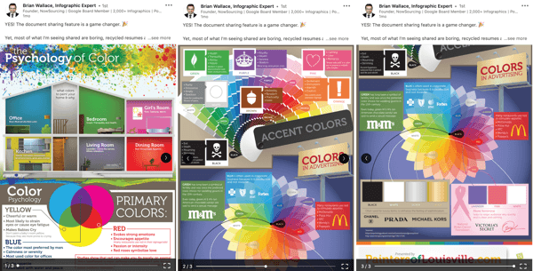 Příspěvek ke sdílení dokumentů na LinkedIn, vylepšení organických příspěvkových dokumentů, krok 2, příklad psychologie barevných infografik Brian Wallace