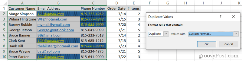 Vlastní formátované duplikáty v aplikaci Excel