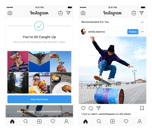Instagram testuje doporučené příspěvky ve zdroji. Tato doporučení vycházejí z lidí, které sledujete, a z fotek a videí, která se vám líbí, a zobrazí se na konci vašeho zdroje, jakmile uvidíte vše nové od lidí, které sledujete.