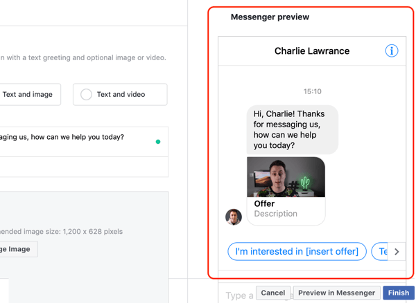 Jak cílit na teplé potenciální zákazníky pomocí reklam na Facebooku Messenger, krok 14, náhled vlastní šablony cíle pro Messenger