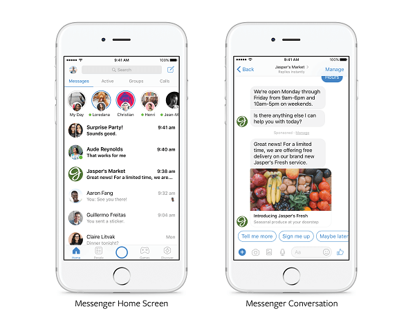 Facebook oznámil, že „v nadcházejících měsících“ budou všichni inzerenti moci zasílat relevantní propagační akce přímo zákazníkům, kteří dříve komunikovali se značkou v Messengeru.
