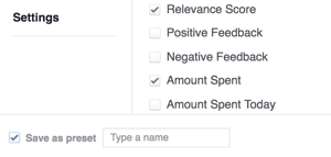 Uložte nastavení výsledků z Facebooku jako šablonu.