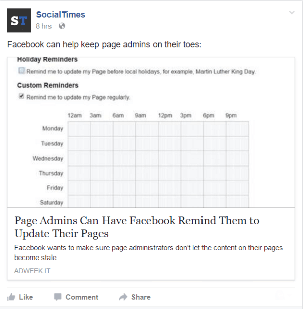 Facebook přidává možnost nastavit připomenutí pro správce stránek.
