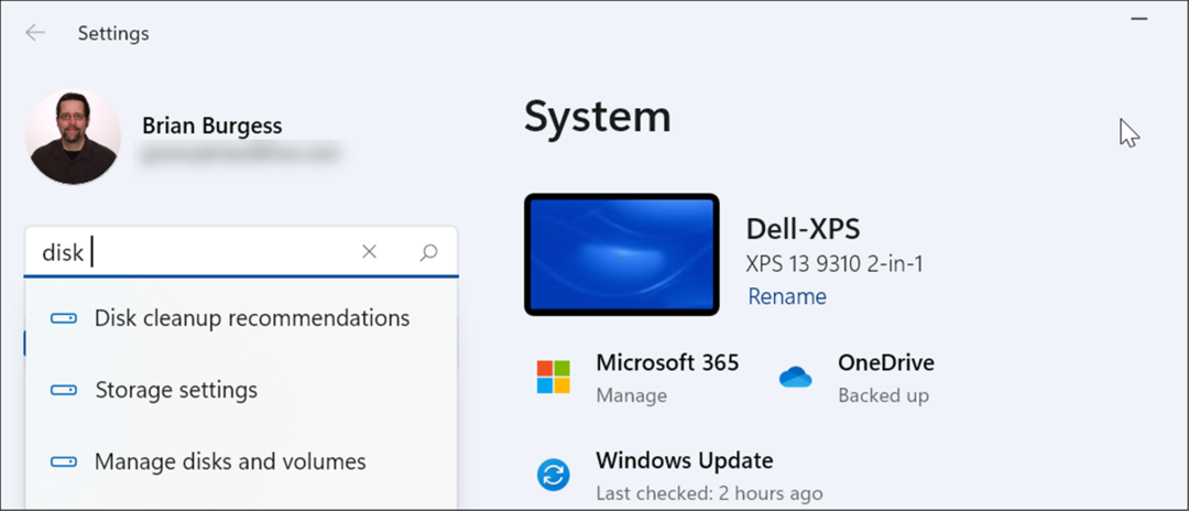Správa disku nastavení vyhledávání v systému Windows 11