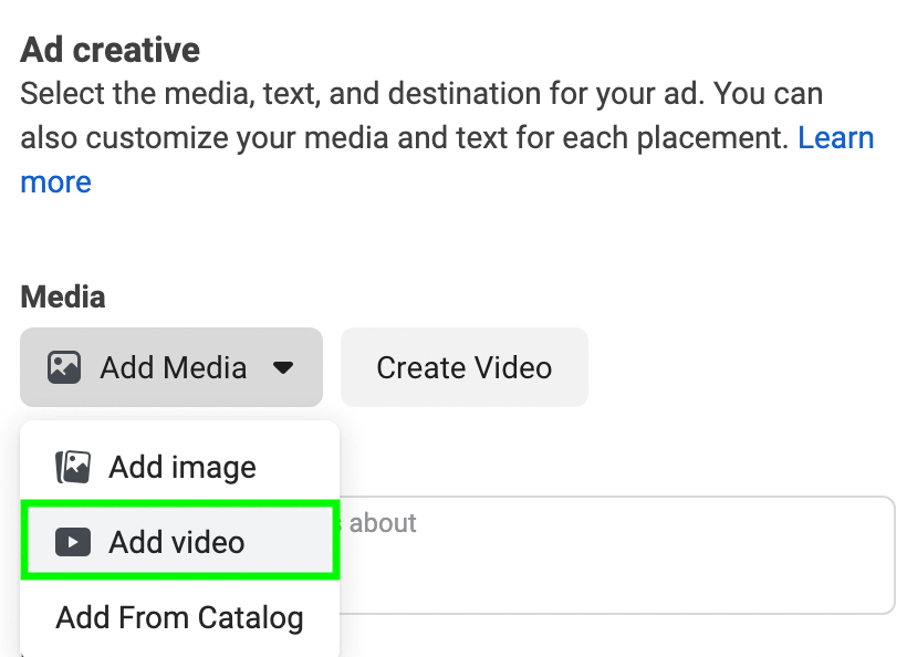 obrázek možnosti Přidat video během nastavování reklamy Instagram