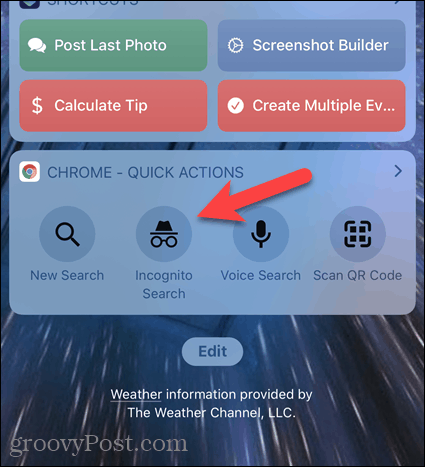 Klepněte na anonymní vyhledávání na widgetu Chrome v systému iOS