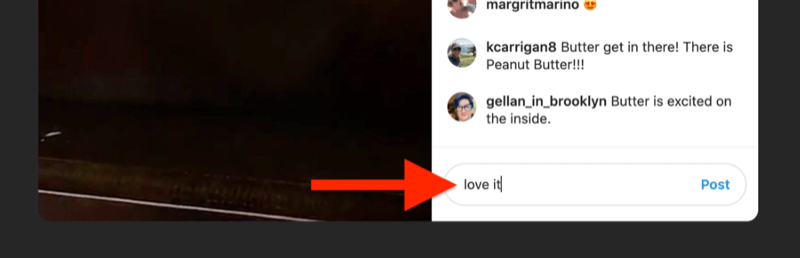 xsc Screenshot příklad živého instagramu se zvýrazněným a vyplněným polem pro komentář divákem, který říká „miluj to“