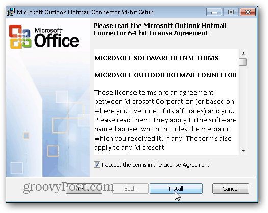 Outlook.com Outlook Hotmail Connector - Klikněte na Instalovat
